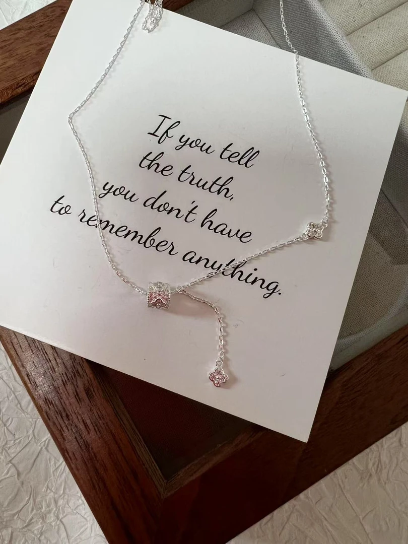 坠链均925银合成锆石 精工厂镶锆四叶草桶珠细闪银项链轻奢时尚