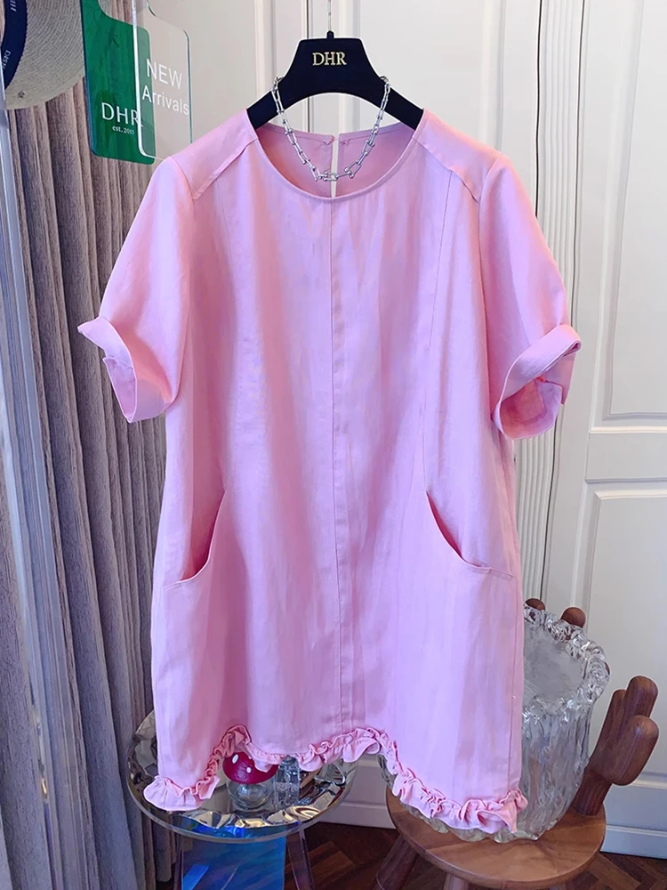 高级感法式气质拼接花边短袖麻料宽松休闲中长款圆领连衣裙2025夏