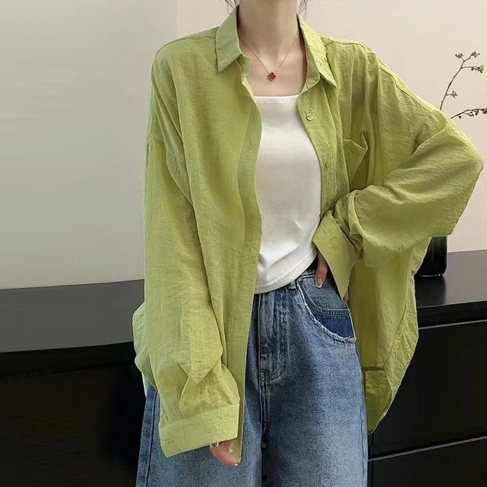 春季新款复古清新宽松Polo领开衫长袖衬衫休闲百搭纯色减龄上衣女