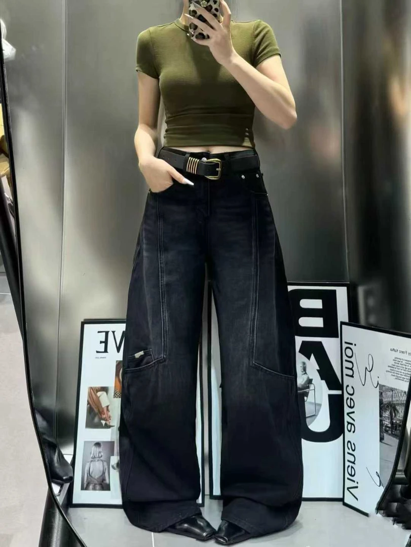 文文优选做旧水洗高腰加绒微弹秋冬牛仔裤复古阔腿裤宽松保暖显瘦