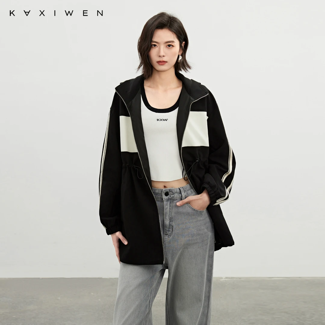 佧茜文美式复古撞色外套【春秋】宽松休闲翻领夹克上衣女D02BWW5008