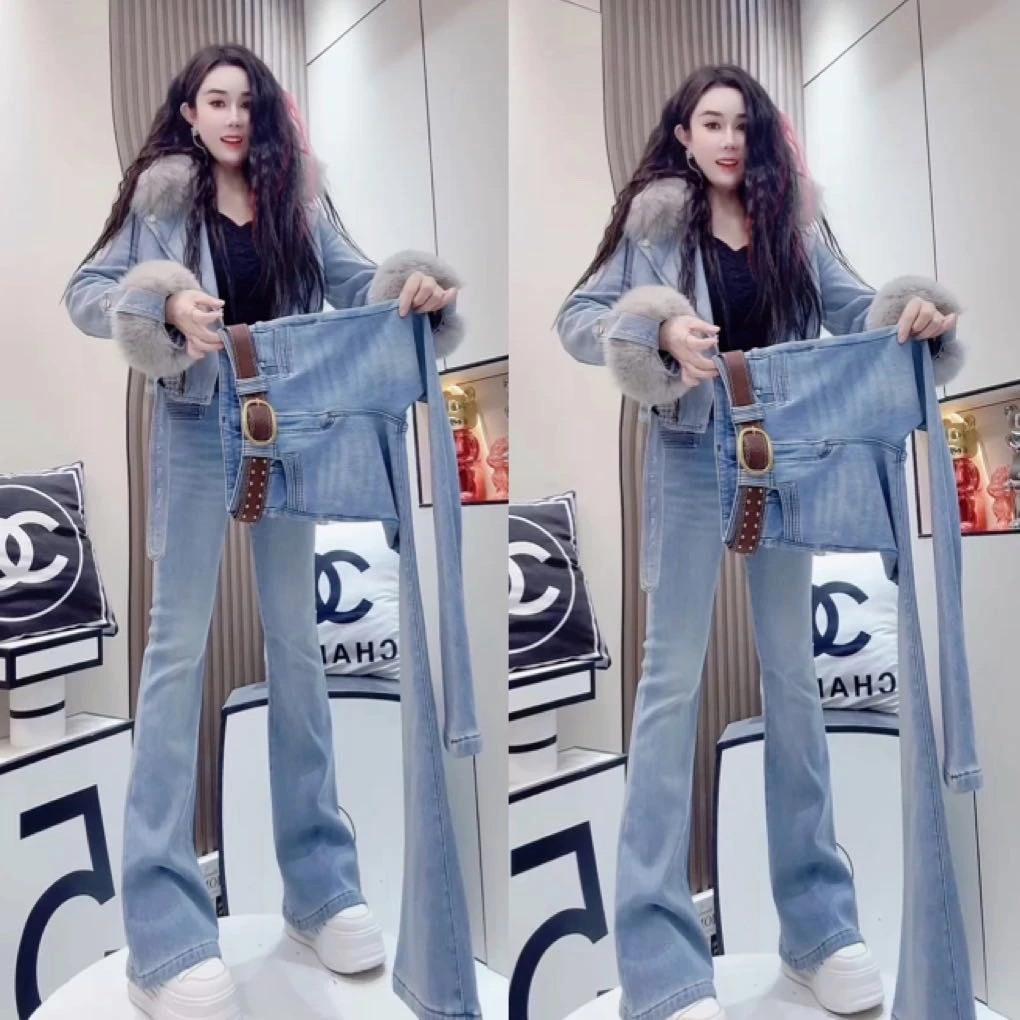 X加绒喇叭裤高腰修身 67583显瘦显腿长百搭气质款牛仔喇叭裤