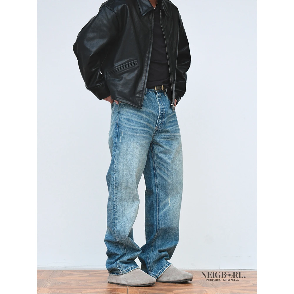 【公里数】NEIGBORL钊叔制复古美式浅蓝色水洗休闲宽松直筒牛仔裤