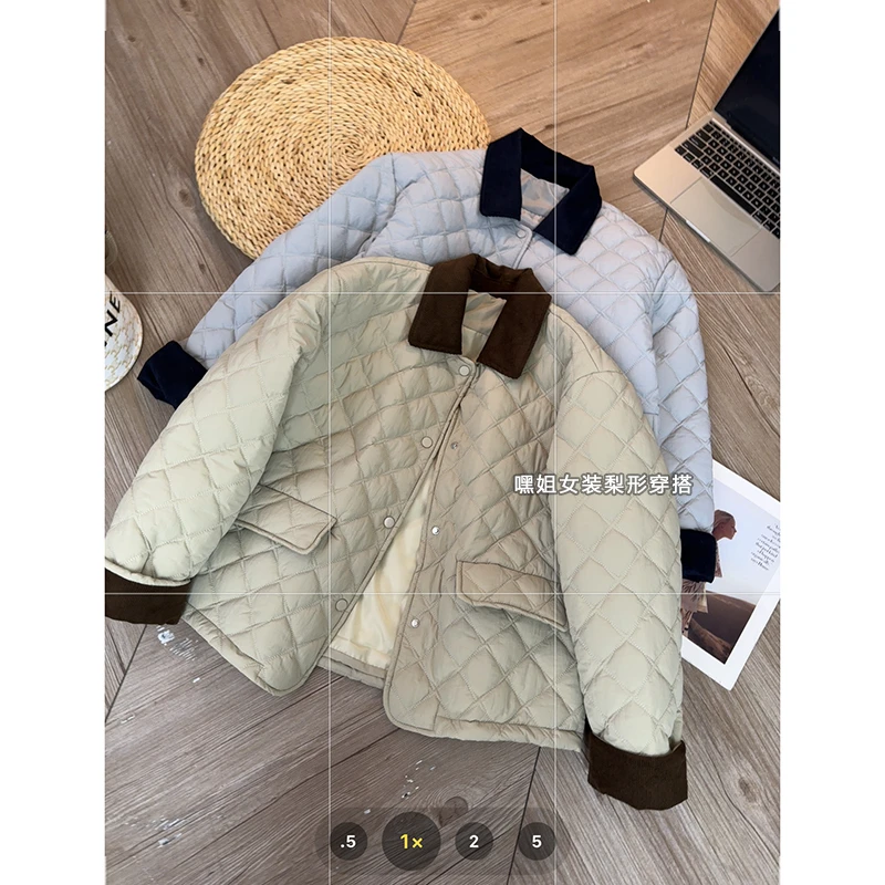 【莫斯科】巴恩风~冬季新款复古撞色灯芯绒翻领休闲小菱格棉服外套