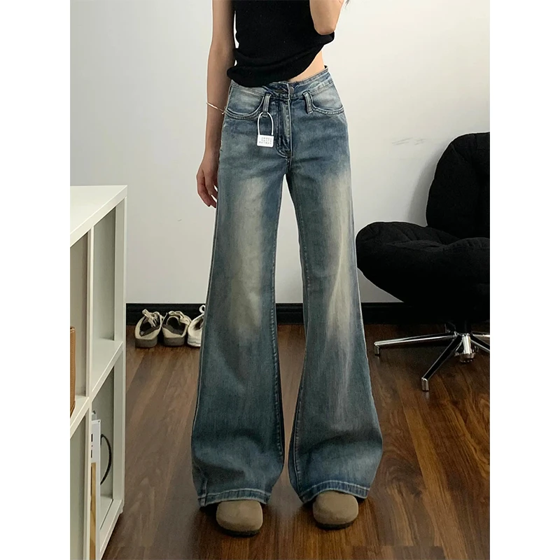 美式复古阔腿低腰牛仔裤女2025夏季新款宽松不贴腿显瘦拖地喇叭裤