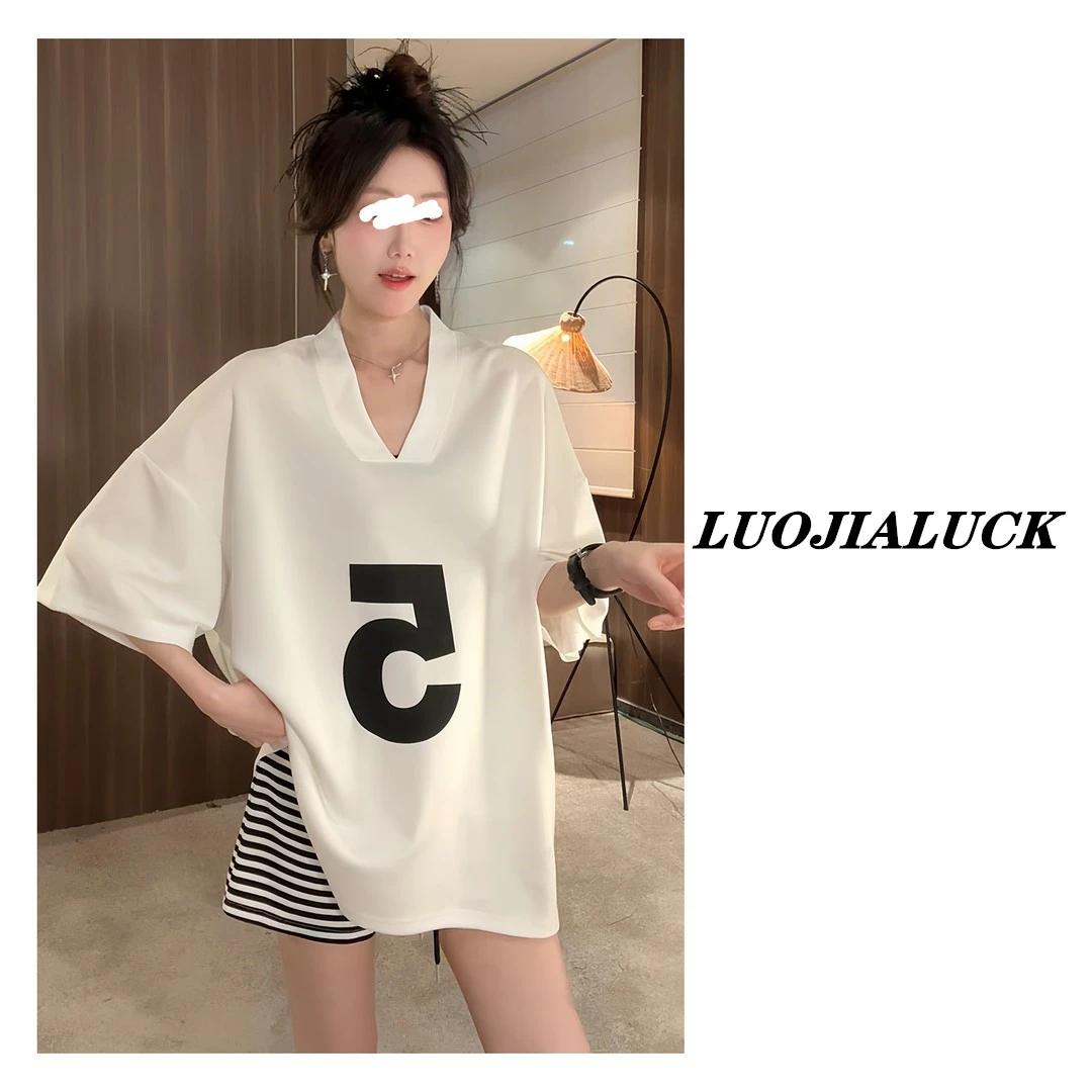 【“5”大V领】简约宽松oversize高级夏秋季五分袖短袖T恤女