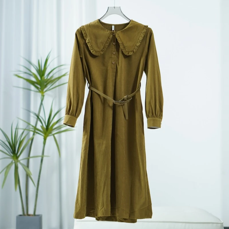 [诗M]O-568 （腰带不指定 ）女装时尚娃娃领连衣裙茶棕色2581179