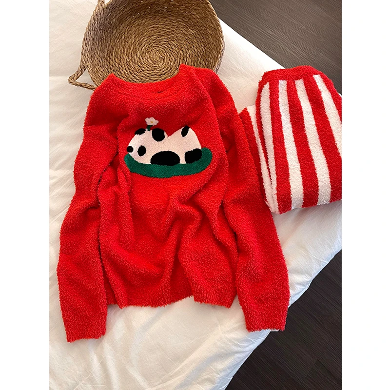 韩系甜美半边绒熊猫软糯舒适休闲风睡衣女冬季新款保暖家居服套装