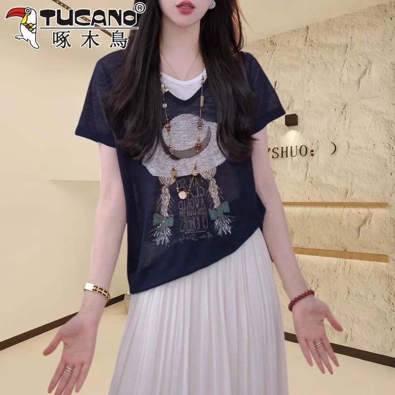 【啄木鸟】夏季薄款透气假两件短袖T恤女洋气小辣妹磨毛假两件T恤