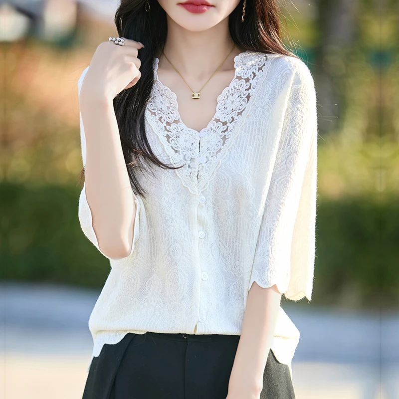 鄂尔多斯市纯100桑蚕丝短袖t恤女装2025夏季薄款V领宽松上衣体恤