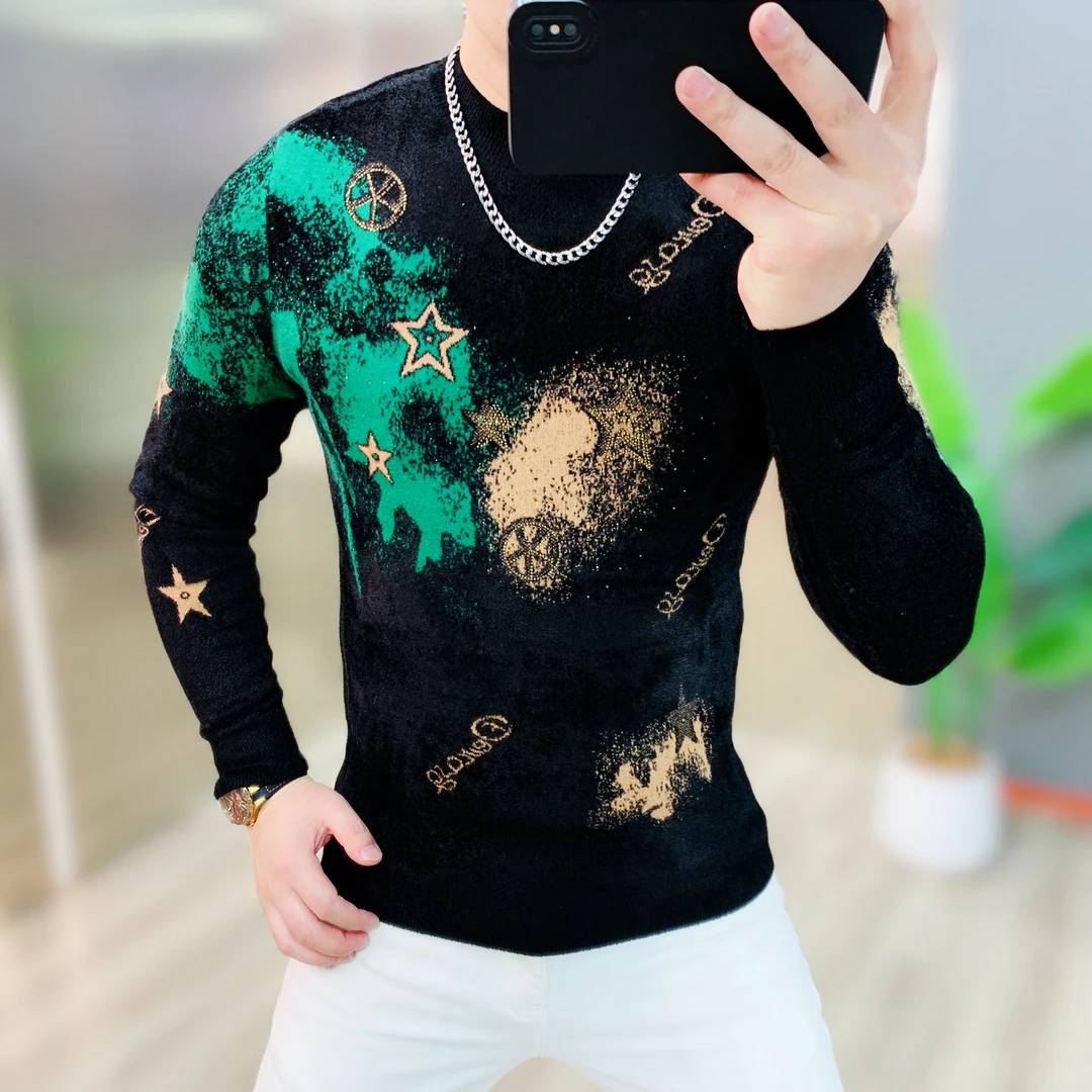 阿凯严选-欧货冬季新款男士爆款圆领针织摩卡绒长袖个性休闲毛衣