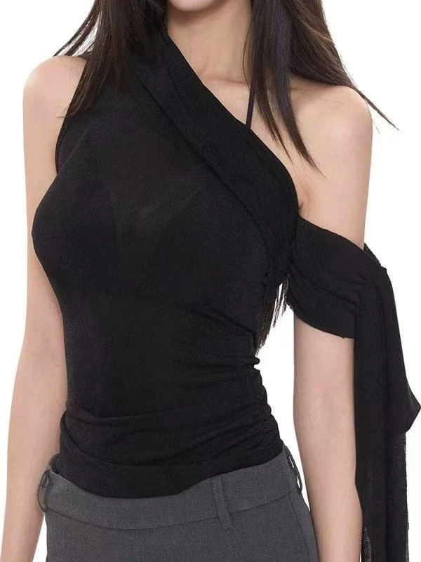 【穿衣自由】一字斜肩辣妹飘带无袖褶皱别致显瘦背心