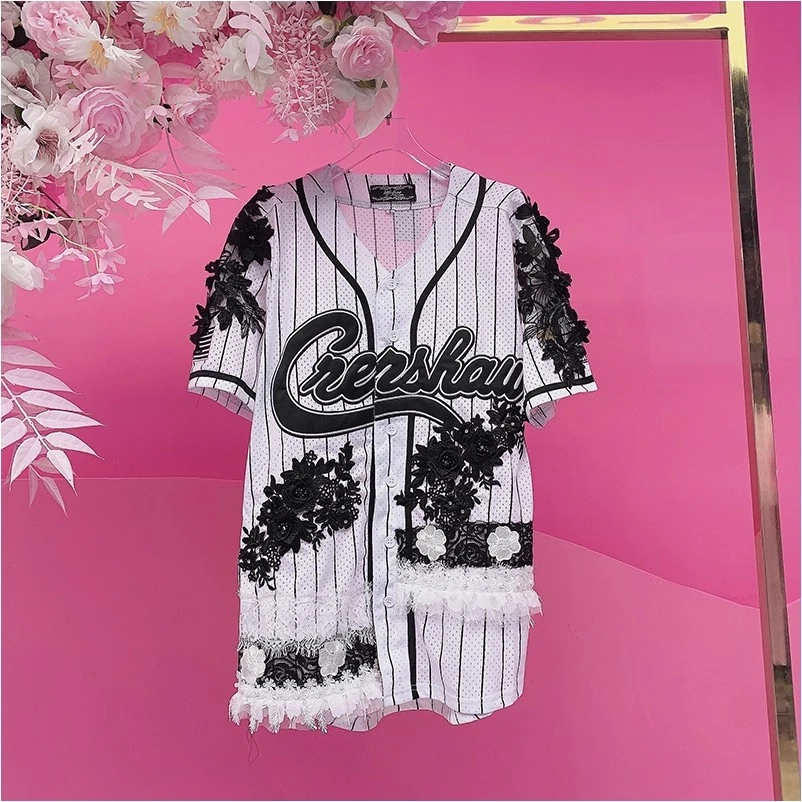 A2792欧美设计师2025夏季新款重工钩花刺绣字母条纹休闲个性T恤女