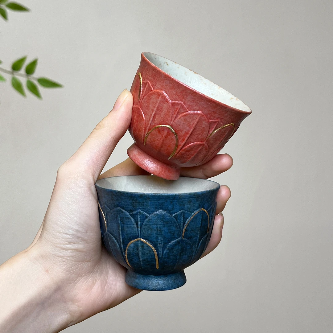 画续浮雕莲花主人杯家用陶瓷茶具品茗杯中式复古主人杯精致