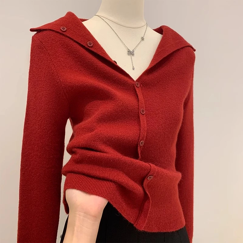喜庆穿搭翻领毛衣针织开衫秋冬季新年红V领修身打底衫女内搭上衣