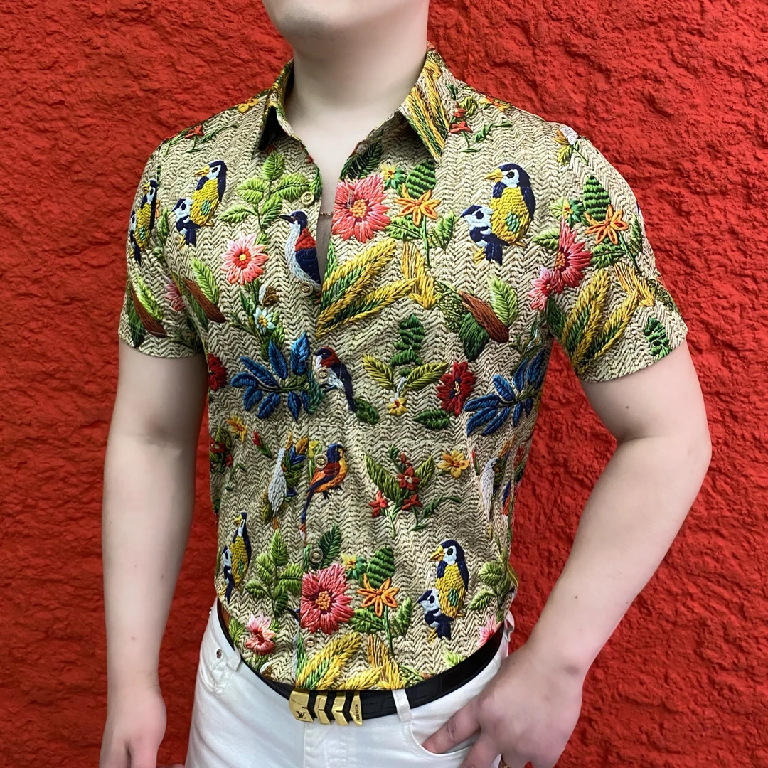 《喜鹊登梅》2025夏衬衫男士衬衣时尚休闲薄款潮流修身翻领个性商务