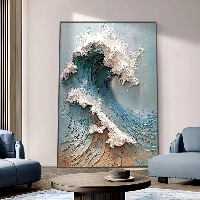油布画海浪玄关入户门肌理挂画客厅装饰画定制
