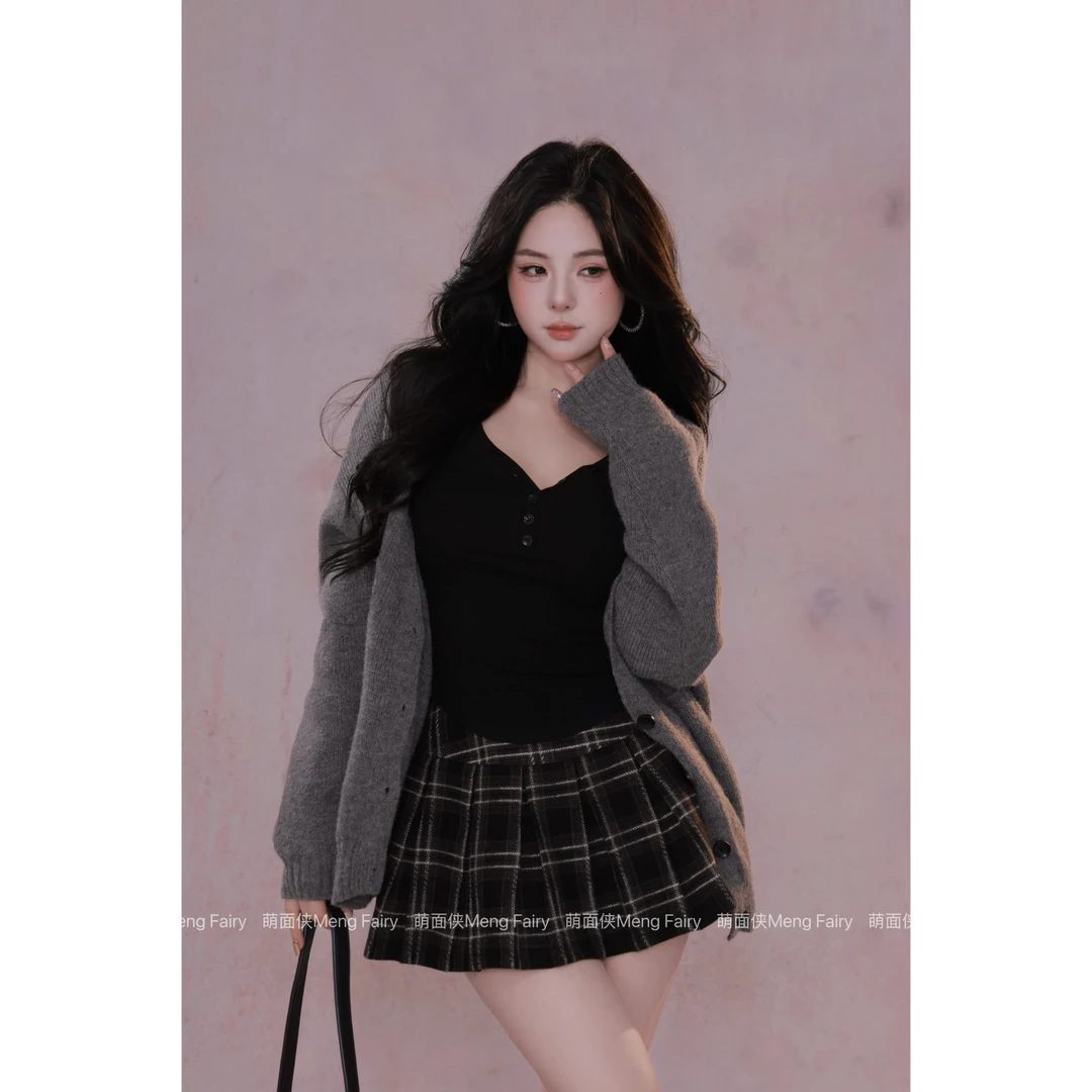 萌面侠【学院女大】气质显瘦宽松百搭长袖落肩秋冬V领外套5977A流光