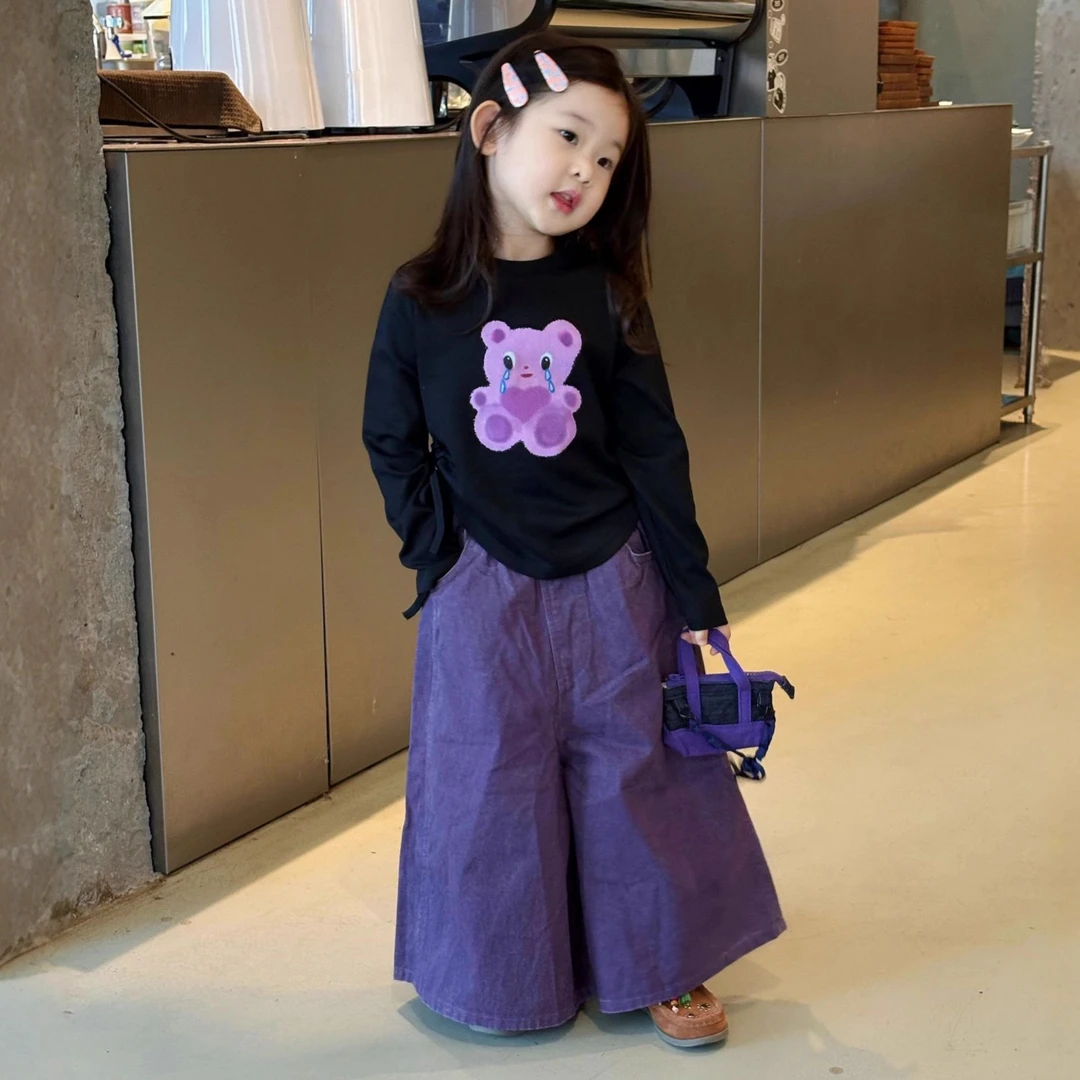 小思家女童套装2025秋季新款韩版洋气印花长袖T恤儿童喇叭裤套装