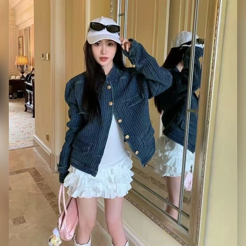 蓝色立领夹克牛仔外套女秋冬季小香风宽松肌理感百搭气质显瘦上衣