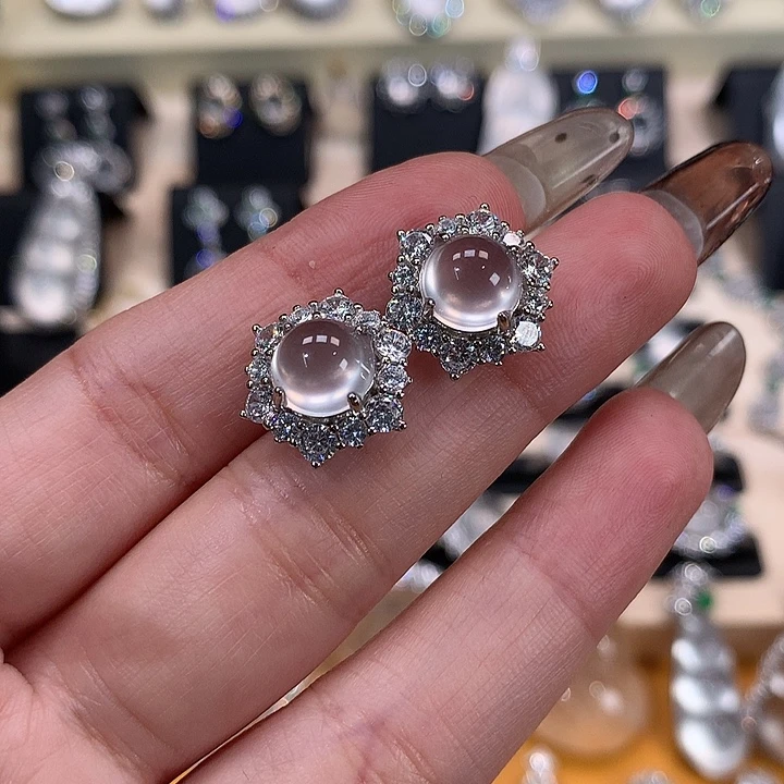 石英质玉银S925镶嵌耳钉卡8耳钉