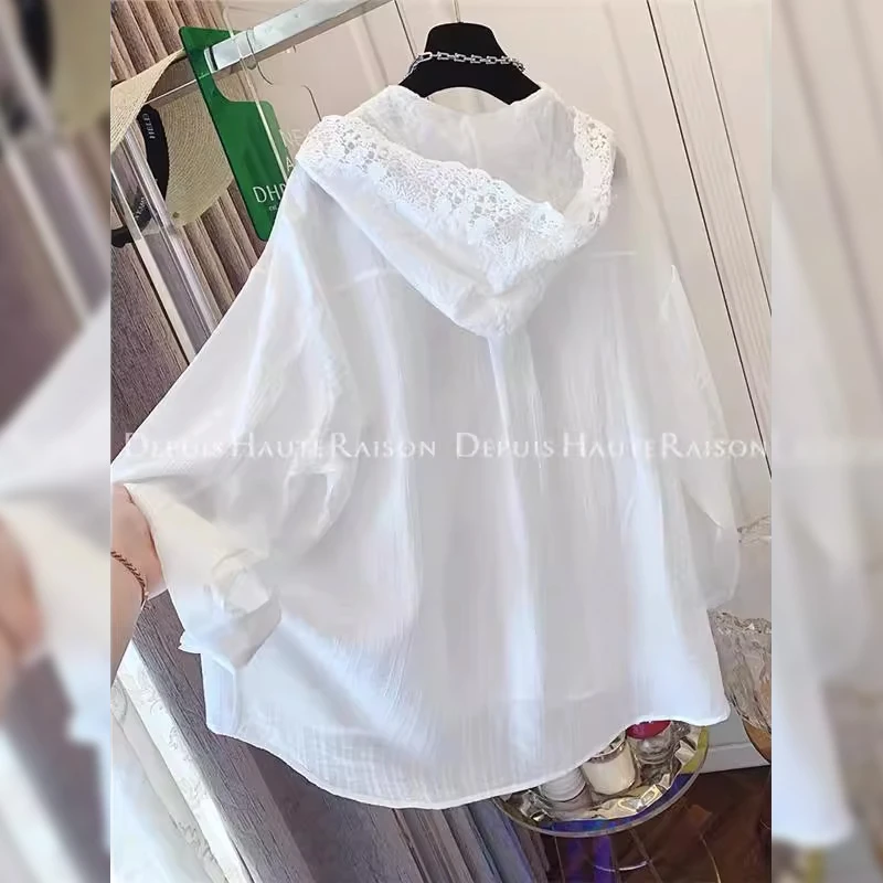 法式时尚白色蕾丝连帽衬衫女2025夏季薄款慵懒风宽松防晒休闲上衣