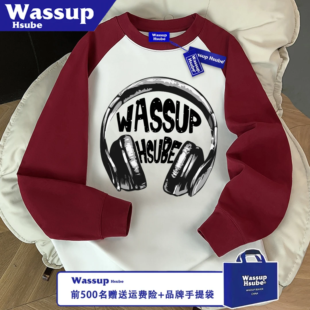 WASSUP HSUBE潮流美式百搭长袖休闲宽松圆领耳机印花秋冬情侣上衣
