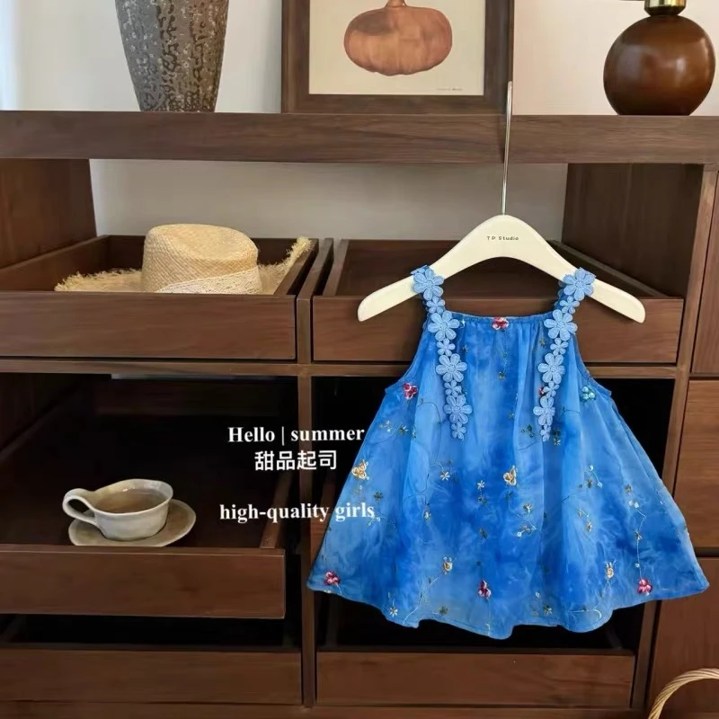 女童连衣裙夏季显白蓝色立体花朵刺绣背心裙宝宝韩版甜美公主裙子