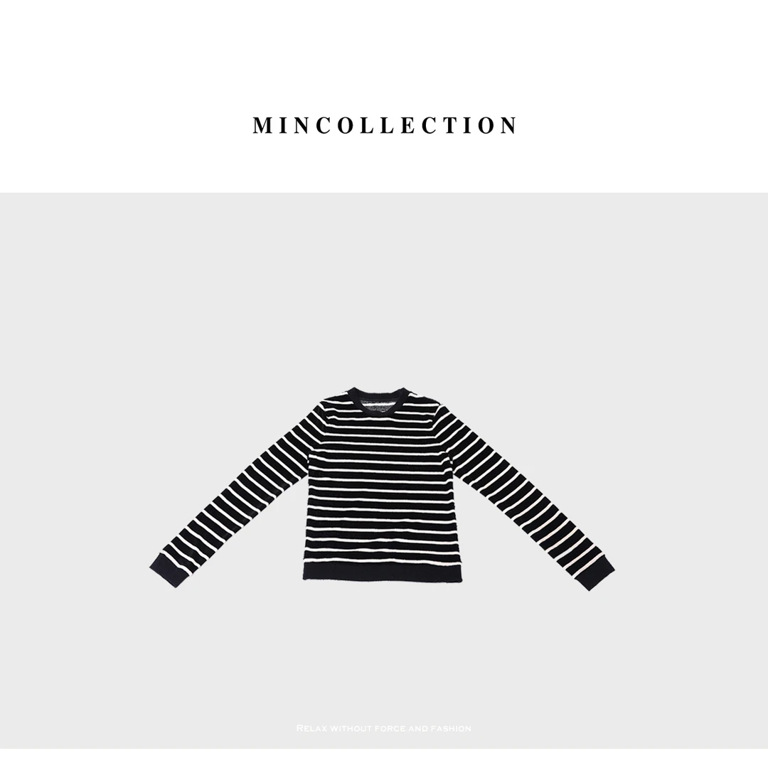 DE Mincollection色织条纹衫/色织提花天鹅绒黑白撞色针织衫40126