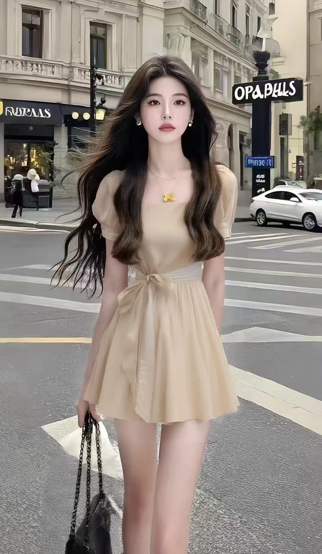 轻奢高端温柔千金风杏色圆领收腰系带短袖设计感连衣裙氛围感女装