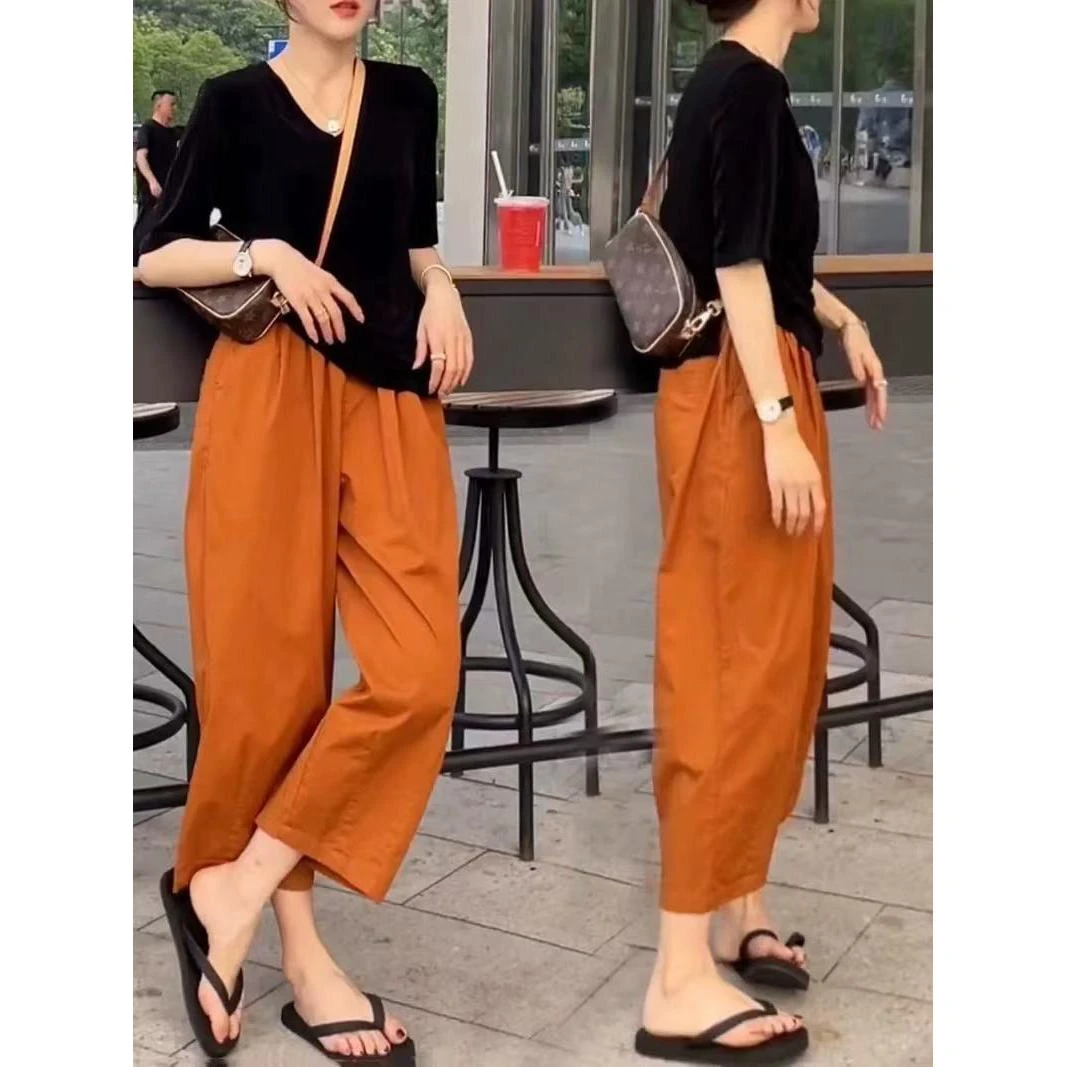 面膜裤女夏季薄款哈伦裤小个子洋气裤子南瓜色九分速干冰丝阔脚裤