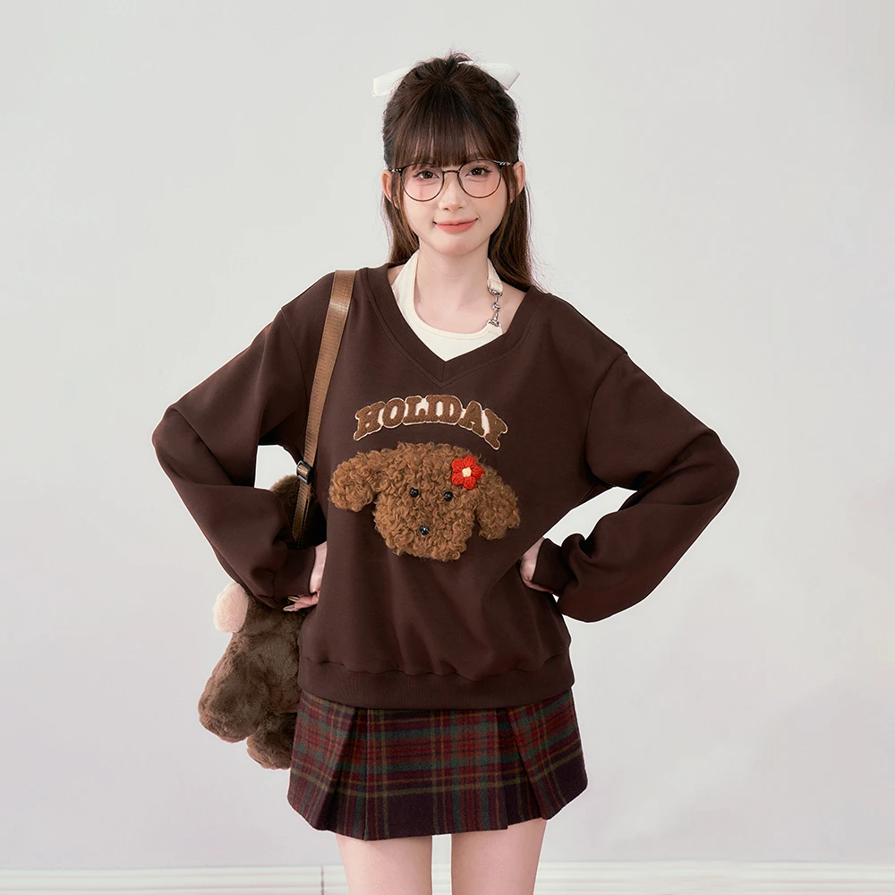 棕棕小狗 织物猪原创 美式复古假两件挂脖卫衣上衣雅丹风棕格短裙