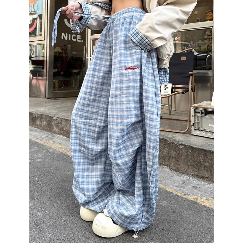 美式蓝色休闲格子裤女春夏新款宽松弯刀裤垂感拖地阔腿