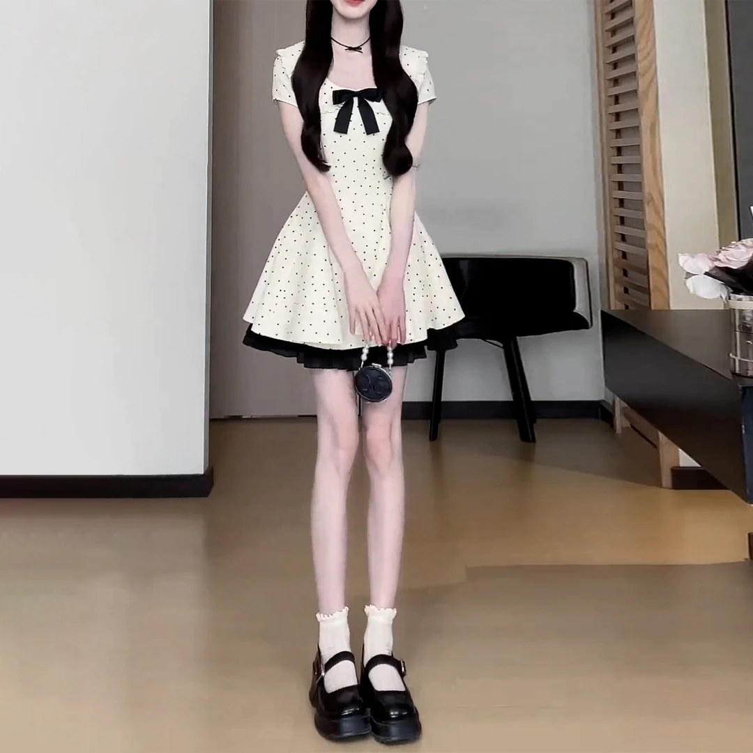 杏色蝴蝶结甜美减龄夏季公主风连衣裙2025新款a字收腰显瘦短裙子