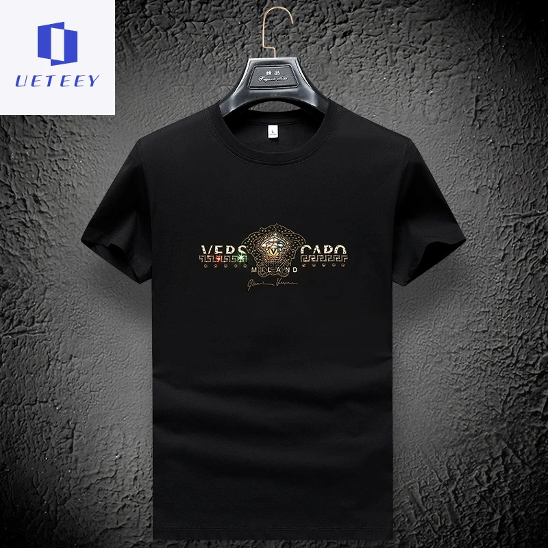 欧货烫钻圆领短袖T恤男士高端简约轻奢潮流青年薄款冰丝大码男装