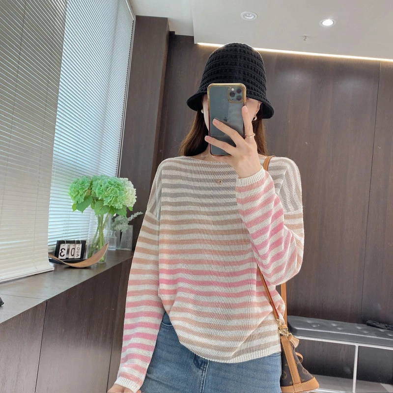 IMFLY金小金自制女装 针织衫DYW9032欧若风春装渐变色条纹打底衫