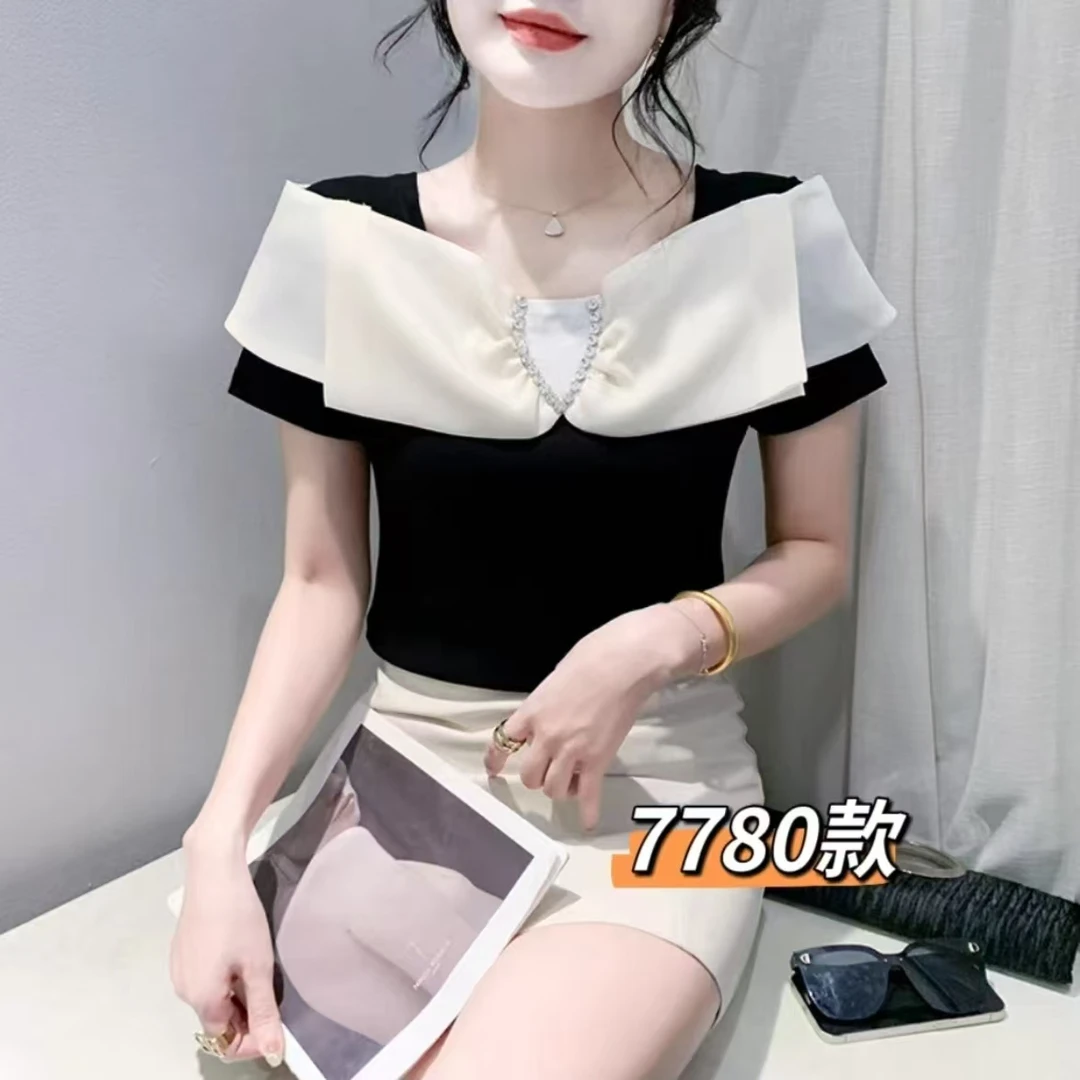 【韩紫朵 】2025新品法式交叉领洋气t恤显瘦短袖87780