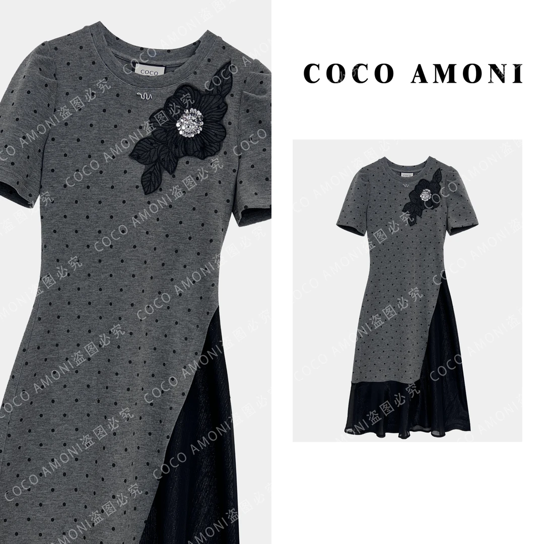 [曼姐]新款夏日女装拼接重工烫钻收腰显瘦气质连衣裙AC125