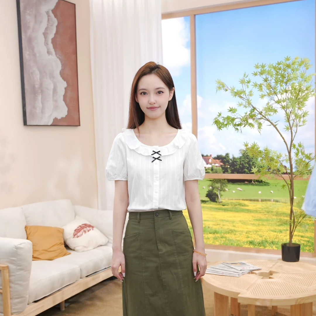 【商场同款】茵曼秋季荷叶边领纯棉短袖衬衫法式蝴蝶结显瘦衬衣女