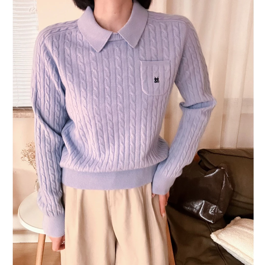 翻领绞花设计感POLO领假两件网红羊毛针织长袖时尚休闲百搭女士