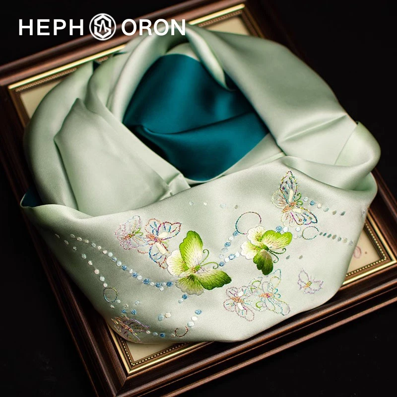 HEPHSORON苏绣丝巾礼盒送长辈浅绿色刺绣桑蚕丝旗袍披肩真丝围巾