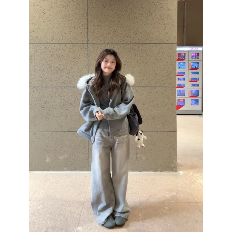 MARIE.COCO新款韩系千金风毛领连帽外套搭阔腿牛仔裤休闲秋冬套装