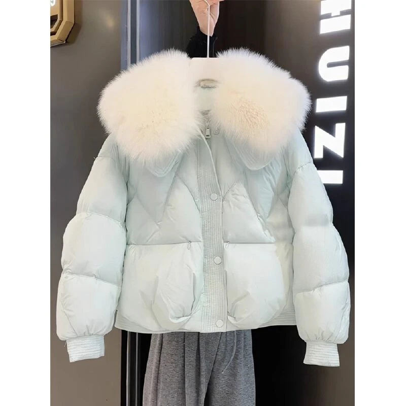 冬季气质甜美温柔浅蓝毛领棉服奶系乖巧减龄小众设计宽松保暖外套