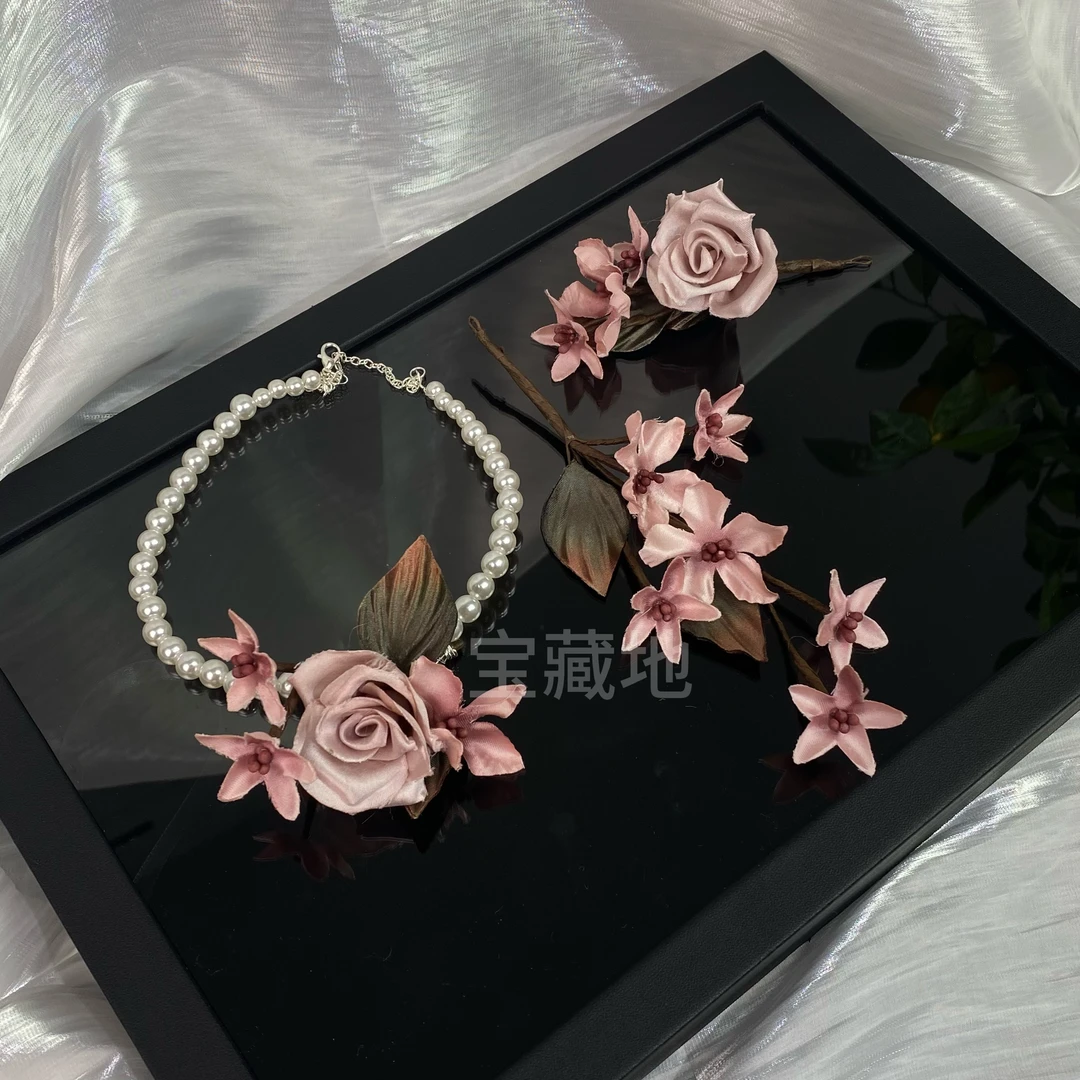 7865新款肉桂粉玫瑰珍珠项链新娘晨袍礼服配饰