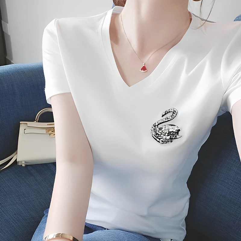 欧货白色天鹅短袖t恤女年夏季新款韩版修身显瘦V领上衣潮