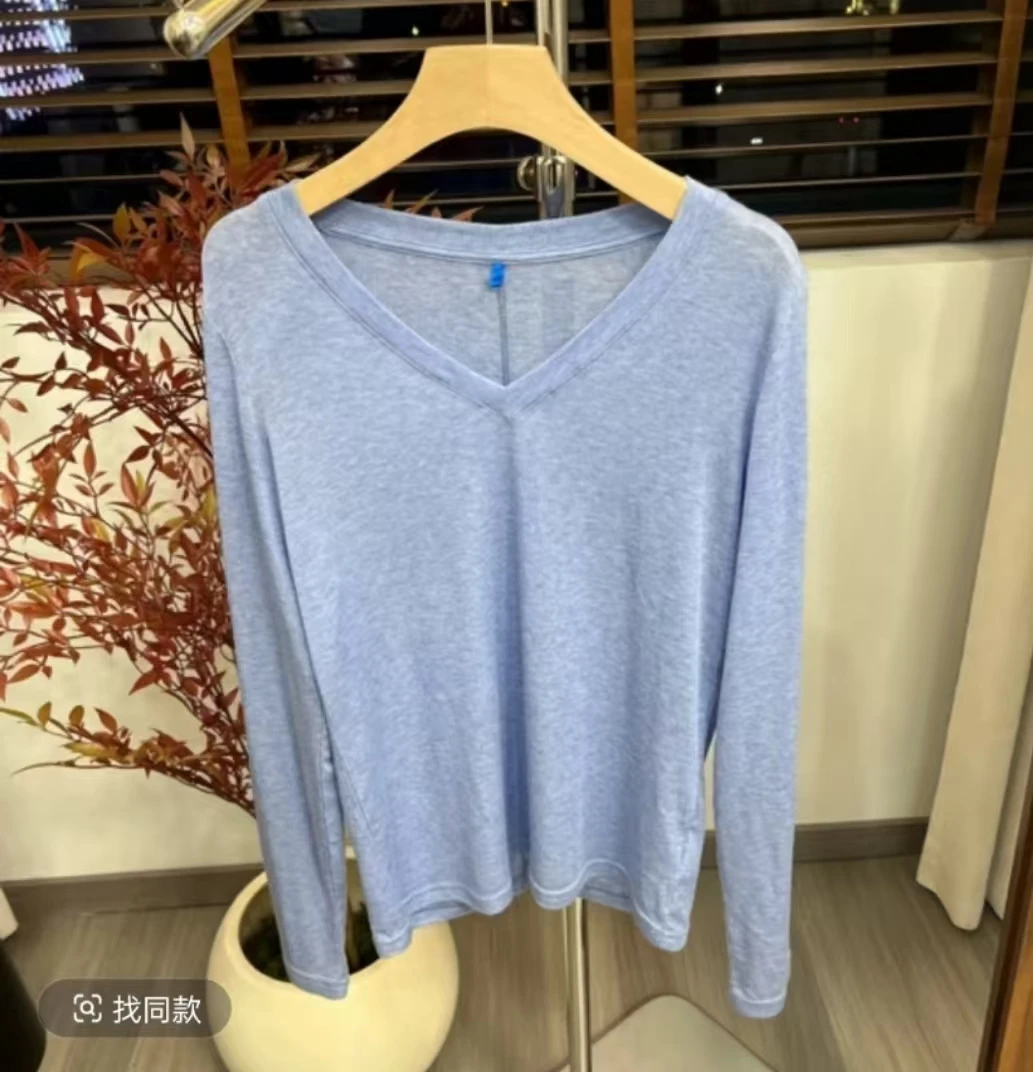 粉底液长袖T桖 V领微透打底衣