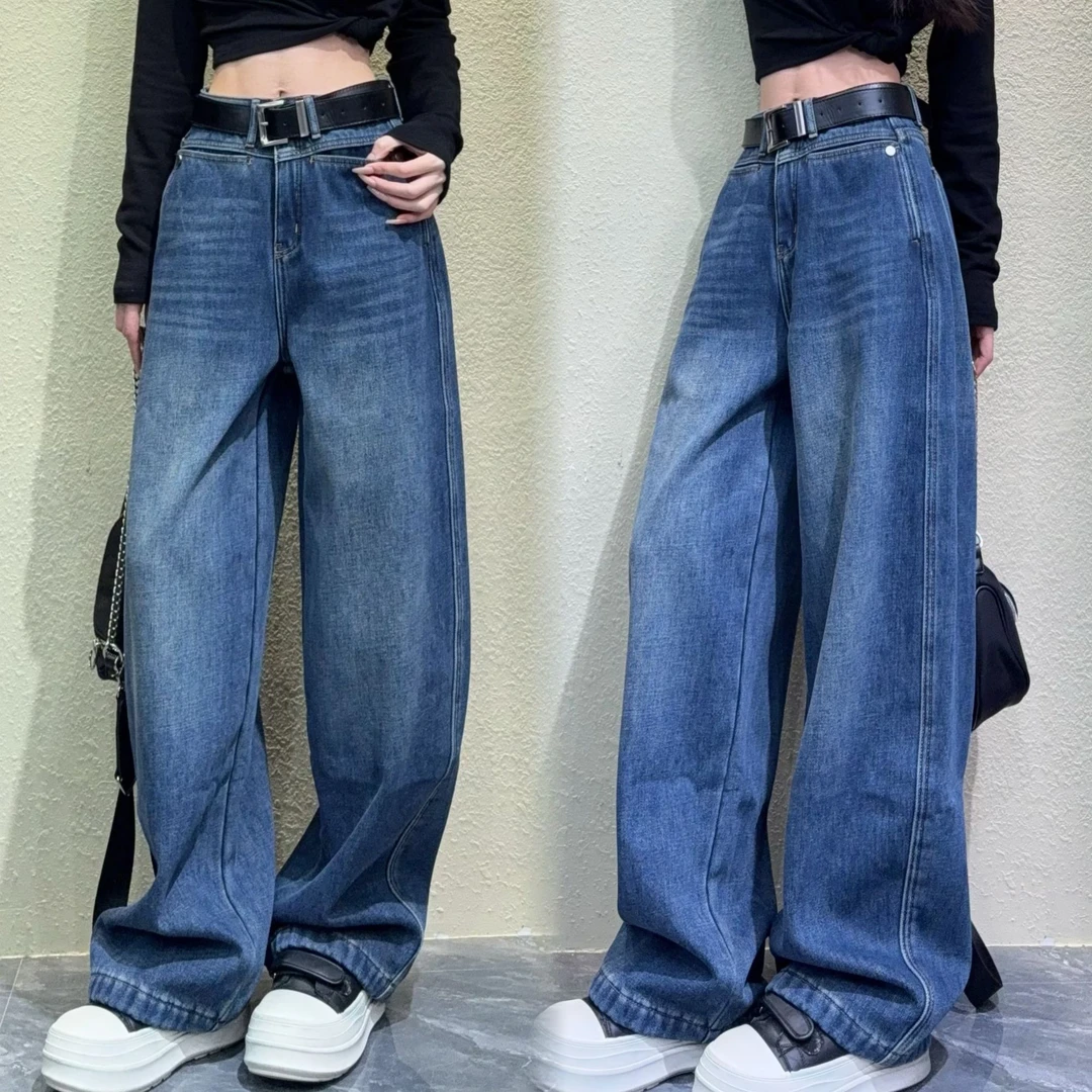 高端磨毛阔腿裤直筒加绒牛仔裤女秋冬季2025年新款设计感百搭965