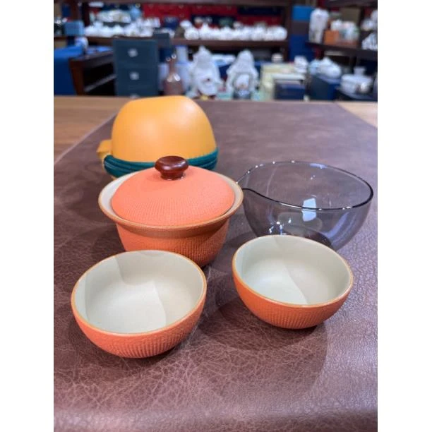 366橘子盖碗一壶二杯旅行茶具