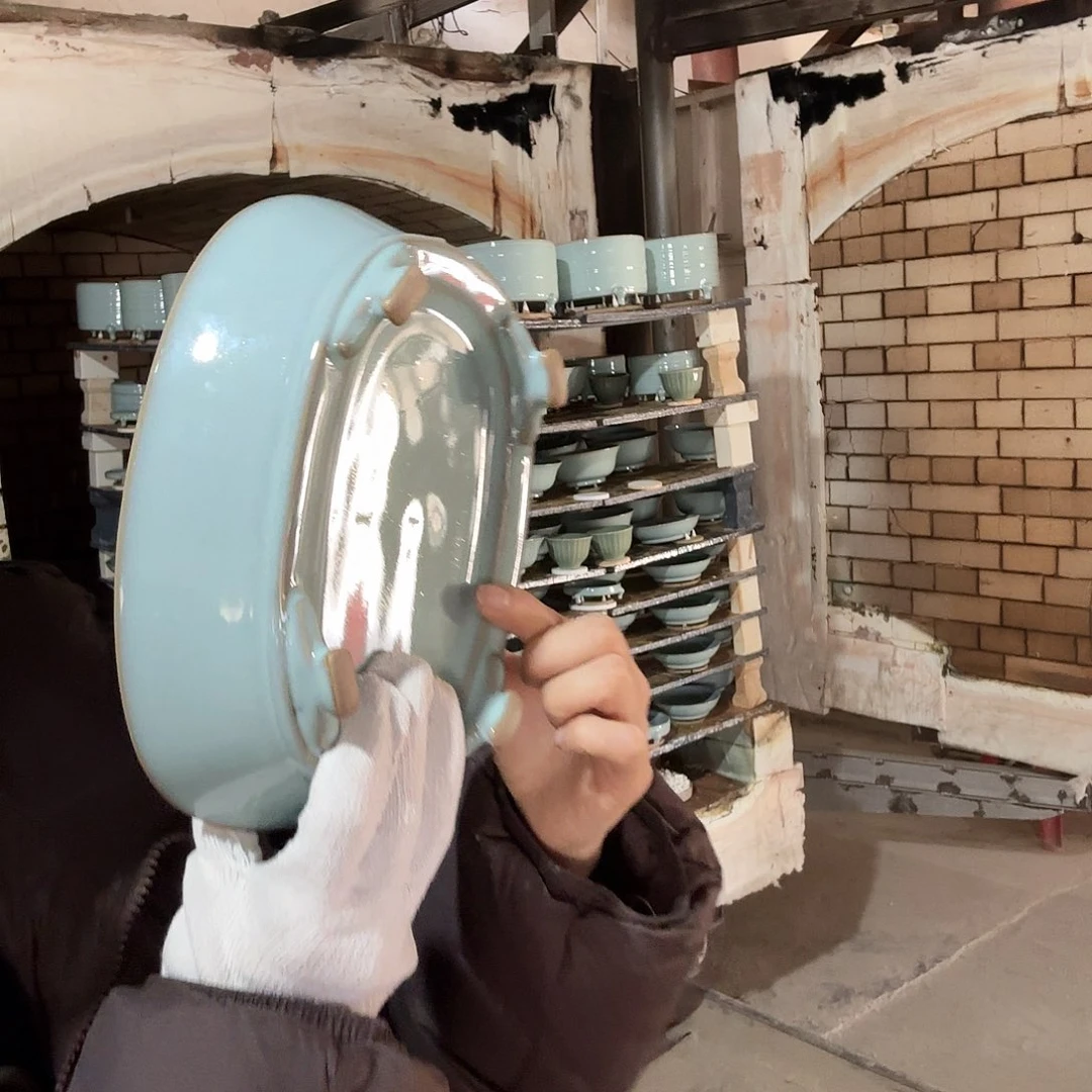 盘陶天青釉大号无钉水仙盆有矿点