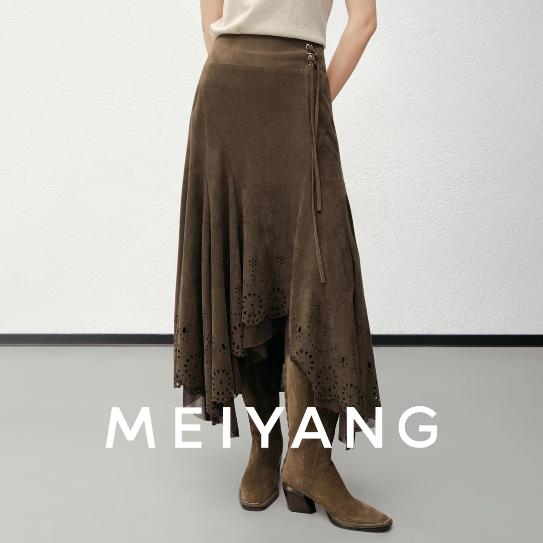 美洋MEIYANG 波米半裙【商场同款】绒面皮镂空不规则中长裙